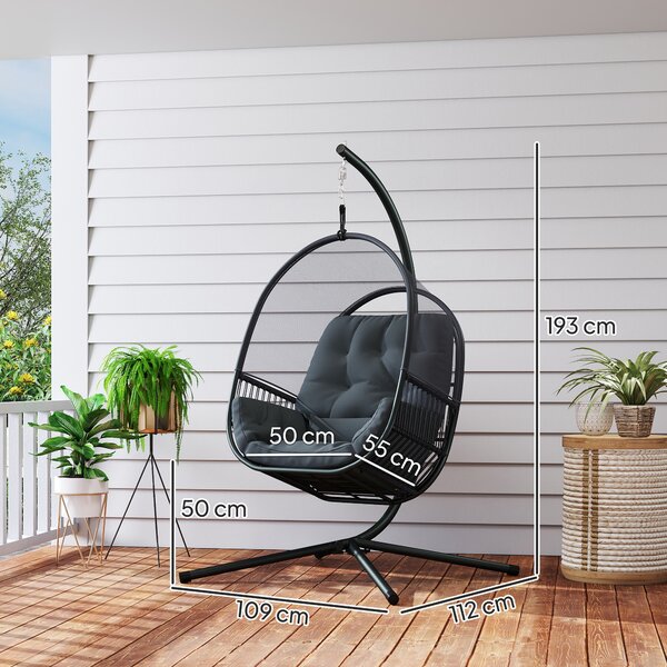 Outsunny Hanging Egg Chair Outdoor Indoor, Swing Hammock Chair with Stand, Cushions, Lumbar Pillow, Adjustable Height and Steel Frame for Garden Patio Lounge Porch, Dark Grey