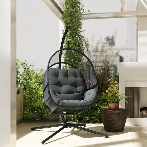 Outsunny Hanging Egg Chair Outdoor Indoor, Swing Hammock Chair with Stand, Cushions, Lumbar Pillow, Adjustable Height and Steel Frame for Garden Patio Lounge Porch, Dark Grey