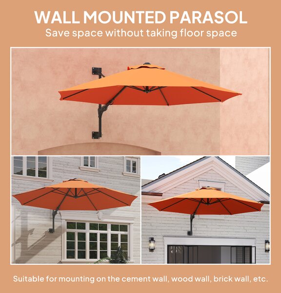 Outsunny 3(m) Wall-Mounted Parasol Shade, with Handle - Orange