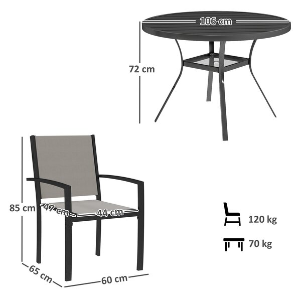 Outsunny 5 Piece Garden Furniture Set, Garden Dining Set with Round Table and 4 Stackable Chairs, Steel Frame, for Outdoor, Patio, Terraces, Dark Grey
