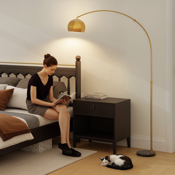 HOMCOM 180cm Arc Floor Lamp for Living Room, Home Offices, Bedrooms, Modern Standing Lamp with Foot Switch, Faux Black Marble Base and Black Bell Shade, Gold Tone