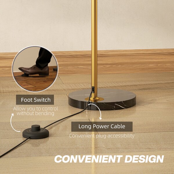 HOMCOM 180cm Arc Floor Lamp for Living Room, Home Offices, Bedrooms, Modern Standing Lamp with Foot Switch, Faux Black Marble Base and Black Bell Shade, Gold Tone