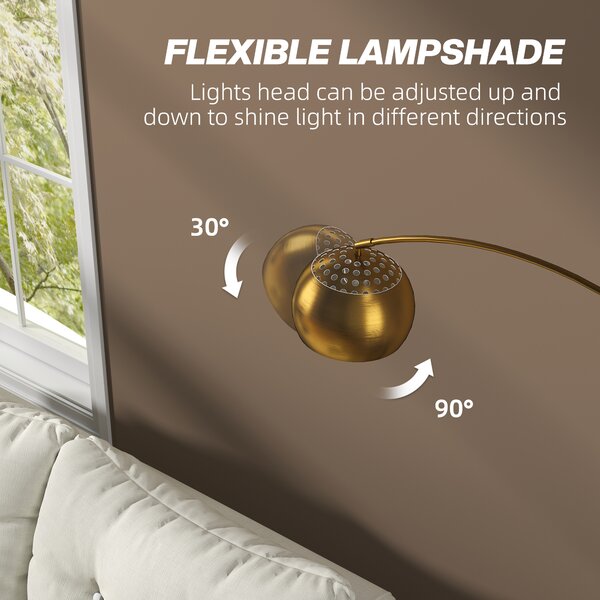 HOMCOM 180cm Arc Floor Lamp for Living Room, Home Offices, Bedrooms, Modern Standing Lamp with Foot Switch, Faux Black Marble Base and Black Bell Shade, Gold Tone