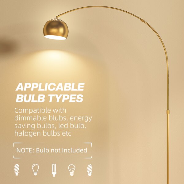 HOMCOM 180cm Arc Floor Lamp for Living Room, Home Offices, Bedrooms, Modern Standing Lamp with Foot Switch, Faux Black Marble Base and Black Bell Shade, Gold Tone