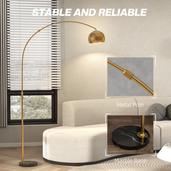 HOMCOM 180cm Arc Floor Lamp for Living Room, Home Offices, Bedrooms, Modern Standing Lamp with Foot Switch, Faux Black Marble Base and Black Bell Shade, Gold Tone
