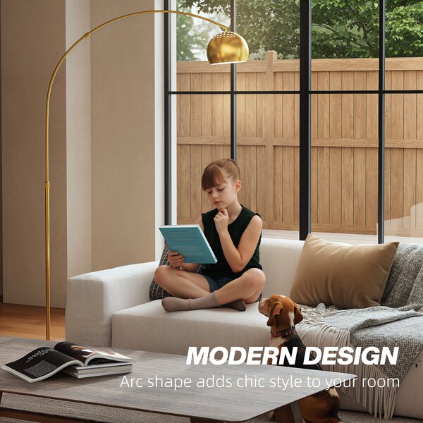 HOMCOM 180cm Arc Floor Lamp for Living Room, Home Offices, Bedrooms, Modern Standing Lamp with Foot Switch, Faux Black Marble Base and Black Bell Shade, Gold Tone