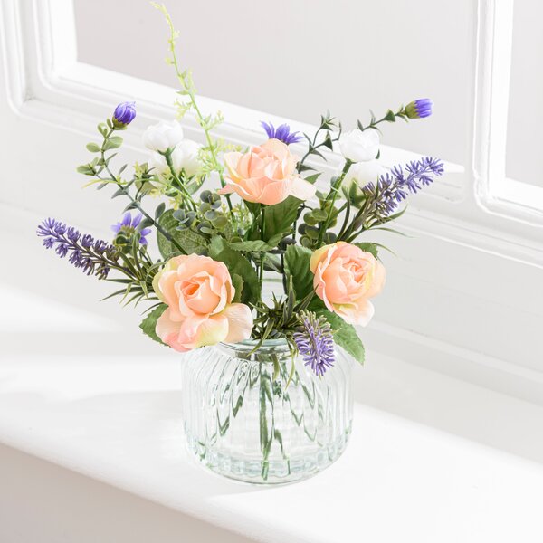 Artificial Rose and Lavender Bouquet in Glass Vase