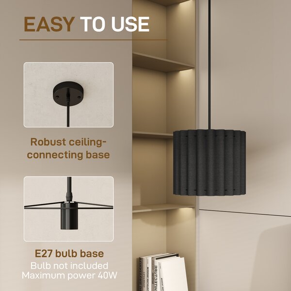 HOMCOM Linen Pendant Light, Modern Wave Ceiling Light Shade, E27 Lampshade for Living Room, Bedroom, Kitchen, Hallway, Black
