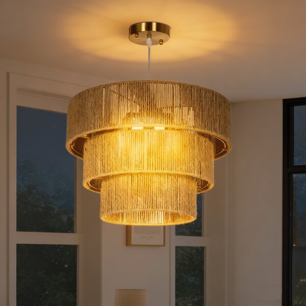 HOMCOM Hemp Rope Pendant Light, 3-Layer Boho Ceiling Light Shade, E14 Vintage Lampshade for Living Room, Bedroom, Kitchen, Hallway, Light Brown