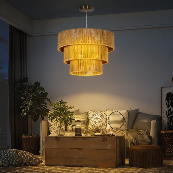 HOMCOM Hemp Rope Pendant Light, 3-Layer Boho Ceiling Light Shade, E14 Vintage Lampshade for Living Room, Bedroom, Kitchen, Hallway, Light Brown