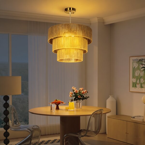 HOMCOM Hemp Rope Pendant Light, 3-Layer Boho Ceiling Light Shade, E14 Vintage Lampshade for Living Room, Bedroom, Kitchen, Hallway, Light Brown