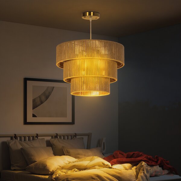 HOMCOM Hemp Rope Pendant Light, 3-Layer Boho Ceiling Light Shade, E14 Vintage Lampshade for Living Room, Bedroom, Kitchen, Hallway, Light Brown