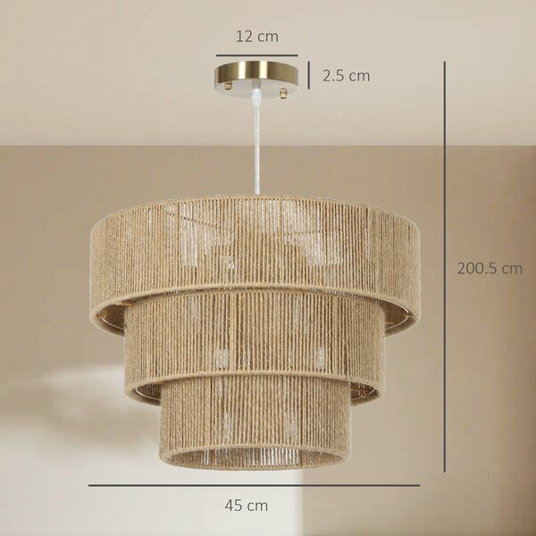 HOMCOM Hemp Rope Pendant Light, 3-Layer Boho Ceiling Light Shade, E14 Vintage Lampshade for Living Room, Bedroom, Kitchen, Hallway, Light Brown