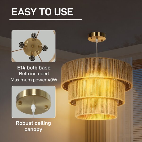 HOMCOM Hemp Rope Pendant Light, 3-Layer Boho Ceiling Light Shade, E14 Vintage Lampshade for Living Room, Bedroom, Kitchen, Hallway, Light Brown