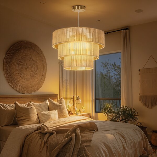 HOMCOM Hemp Rope Pendant Light, 3-Layer Boho Ceiling Light Shade, E14 Vintage Lampshade for Living Room, Bedroom, Kitchen, Hallway, Light Brown