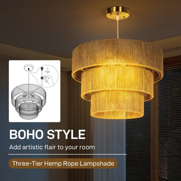 HOMCOM Hemp Rope Pendant Light, 3-Layer Boho Ceiling Light Shade, E14 Vintage Lampshade for Living Room, Bedroom, Kitchen, Hallway, Light Brown