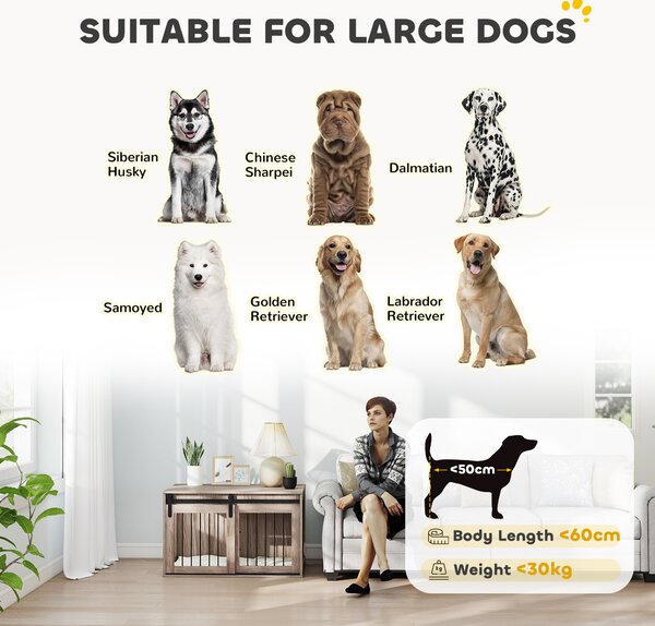 Pawhut Dog Cage with Removable Cushion Dog Crate Furniture Particle Board & Steel Heavy Duty Wooden Dog Crate for Large Dogs 98cm, Brown Aosom UK