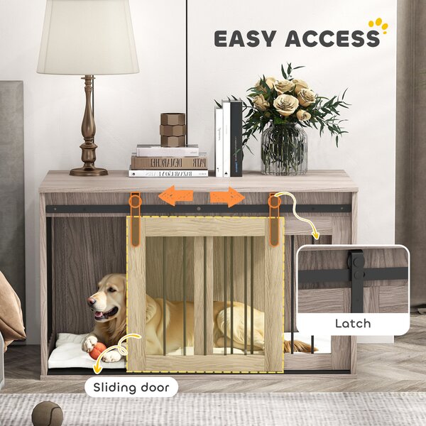 Pawhut Dog Cage with Removable Cushion Dog Crate Furniture Particle Board & Steel Heavy Duty Wooden Dog Crate for Large Dogs 98cm, Brown Aosom UK