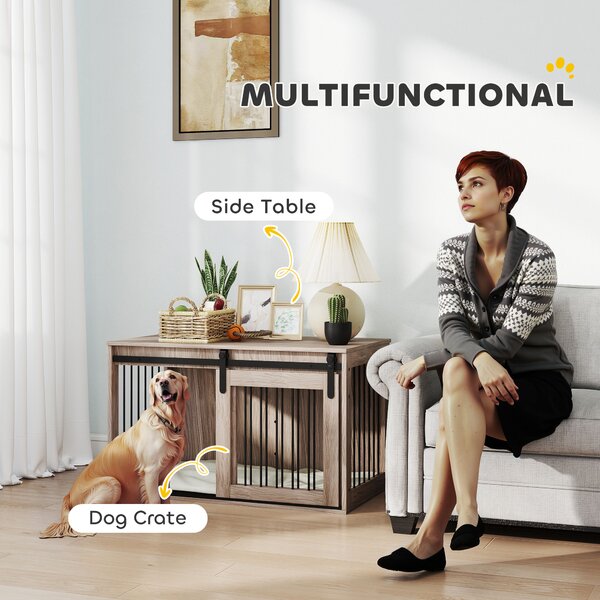 Pawhut Dog Cage with Removable Cushion Dog Crate Furniture Particle Board & Steel Heavy Duty Wooden Dog Crate for Large Dogs 98cm, Brown Aosom UK