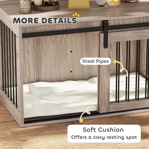 Pawhut Dog Cage with Removable Cushion Dog Crate Furniture Particle Board & Steel Heavy Duty Wooden Dog Crate for Large Dogs 98cm, Brown Aosom UK
