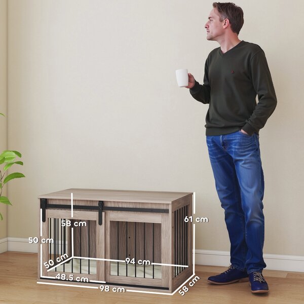 Pawhut Dog Cage with Removable Cushion Dog Crate Furniture Particle Board & Steel Heavy Duty Wooden Dog Crate for Large Dogs 98cm, Brown Aosom UK
