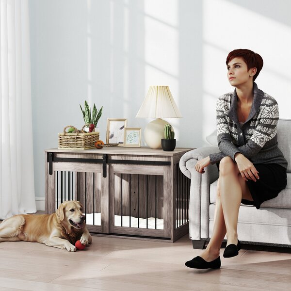 Pawhut Dog Cage with Removable Cushion Dog Crate Furniture Particle Board & Steel Heavy Duty Wooden Dog Crate for Large Dogs 98cm, Brown Aosom UK
