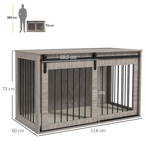PawHut 46.46'' Dog Crate Furniture with Removable Cushion & Security Latch Reinforced Steel Dog Cage for Medium Dogs - Walnut Brown Aosom UK