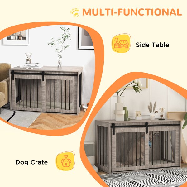 PawHut 46.46'' Dog Crate Furniture with Removable Cushion & Security Latch Reinforced Steel Dog Cage for Medium Dogs - Walnut Brown Aosom UK