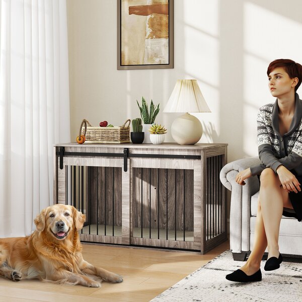 PawHut 46.46'' Dog Crate Furniture with Removable Cushion & Security Latch Reinforced Steel Dog Cage for Medium Dogs - Walnut Brown Aosom UK