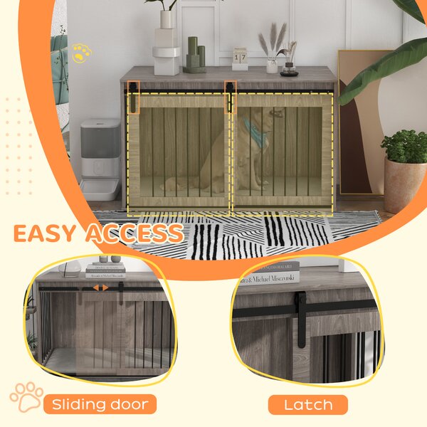PawHut 46.46'' Dog Crate Furniture with Removable Cushion & Security Latch Reinforced Steel Dog Cage for Medium Dogs - Walnut Brown Aosom UK