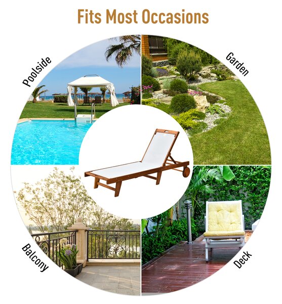 Outsunny Outdoor Acacia Wood Texteline Beach Sun Lounger Garden Patio Sunbed Recliner Chaise Adjustable Backrest with Wheels