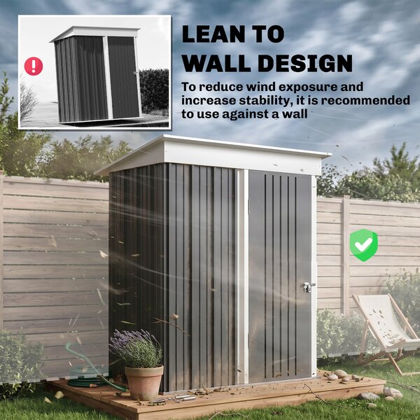 Outsunny Small Metal Storage Sheds, Lean-to Shed for Motor Bike, with Adjustable Shelf, Lock and Gloves, 5x6, Outdoor, Dark Grey Aosom UK
