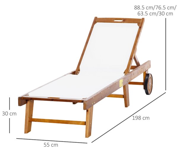 Outsunny Outdoor Acacia Wood Texteline Beach Sun Lounger Garden Patio Sunbed Recliner Chaise Adjustable Backrest with Wheels