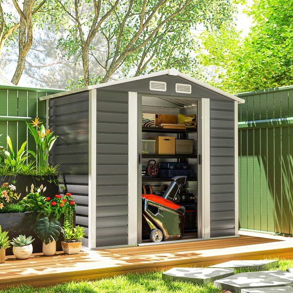 Outsunny 7 x 4ft Metal Garden Shed, Galvanised Steel Shed with Double Lockable Doors, Vents and Gloves, Outdoor Tool Storage Shed for Garden, Patio, Dark Grey