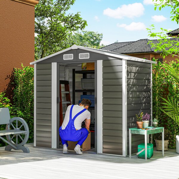 Outsunny 7 x 4ft Metal Garden Shed, Galvanised Steel Shed with Double Lockable Doors, Vents and Gloves, Outdoor Tool Storage Shed for Garden, Patio, Dark Grey