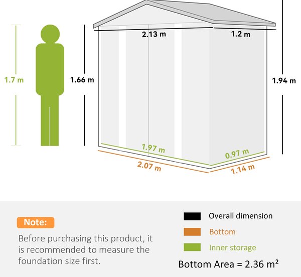 Outsunny 7 x 4ft Garden Shed, Easy to Assemble, Upgraded Galvanised Steel Frame with Foundation Kit, Double Doors with Lock, Outdoor Metal Shed with Vents and Gloves, Garden Storage Shed, Green