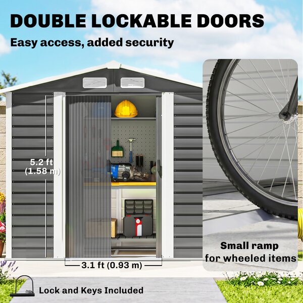 Outsunny 7 x 4ft Metal Garden Shed, Galvanised Steel Shed with Double Lockable Doors, Vents and Gloves, Outdoor Tool Storage Shed for Garden, Patio, Dark Grey