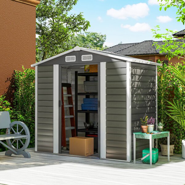 Outsunny 7 x 4ft Metal Garden Shed, Galvanised Steel Shed with Double Lockable Doors, Vents and Gloves, Outdoor Tool Storage Shed for Garden, Patio, Dark Grey