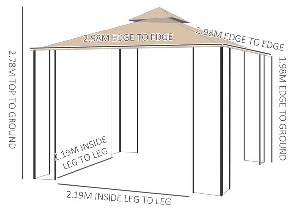 Outsunny 3x3m Garden Gazebo Tent W/Netting, 2-tier Roof