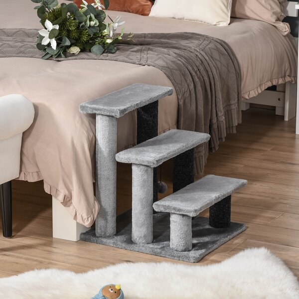 PawHut 3-step Pet Stairs with Scratching Posts, Platforms, Toy Ball, Grey Aosom UK