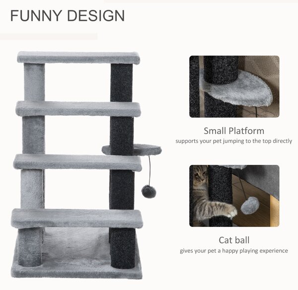 PawHut 4-step Pet Stairs with Scratching Posts, Platforms, Toy Ball, Grey Aosom UK