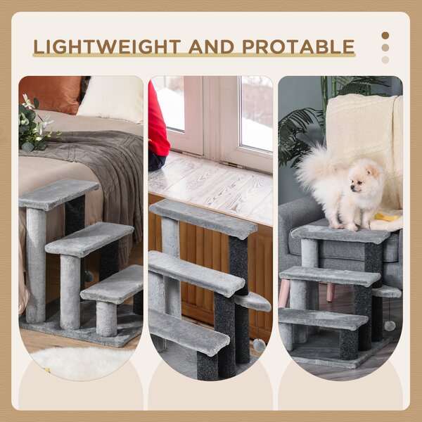 PawHut 3-step Pet Stairs with Scratching Posts, Platforms, Toy Ball, Grey Aosom UK