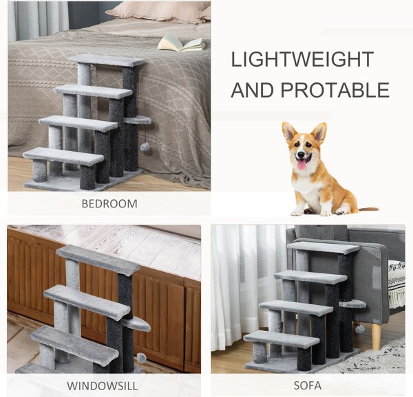 PawHut 4-step Pet Stairs with Scratching Posts, Platforms, Toy Ball, Grey Aosom UK