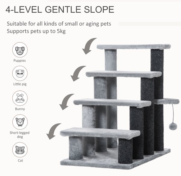 PawHut 4-step Pet Stairs with Scratching Posts, Platforms, Toy Ball, Grey Aosom UK