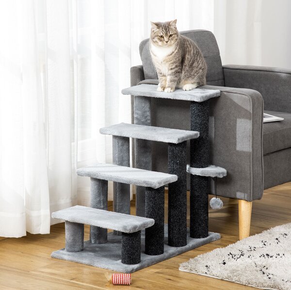 PawHut 4-step Pet Stairs with Scratching Posts, Platforms, Toy Ball, Grey Aosom UK