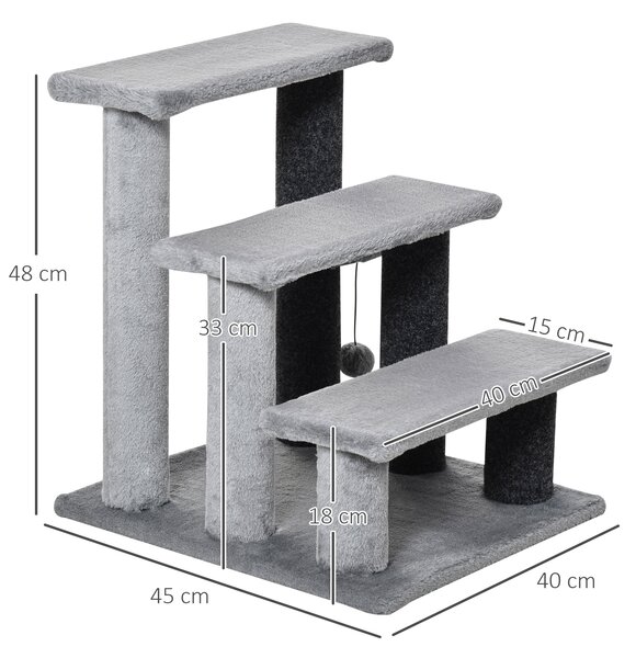 PawHut 3-step Pet Stairs with Scratching Posts, Platforms, Toy Ball, Grey Aosom UK