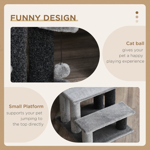 PawHut 3-step Pet Stairs with Scratching Posts, Platforms, Toy Ball, Grey Aosom UK