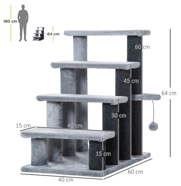 PawHut 4-step Pet Stairs with Scratching Posts, Platforms, Toy Ball, Grey Aosom UK