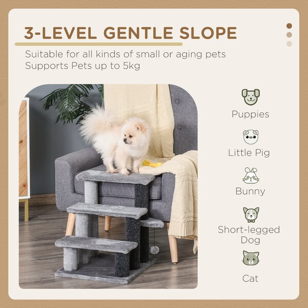 PawHut 3-step Pet Stairs with Scratching Posts, Platforms, Toy Ball, Grey Aosom UK