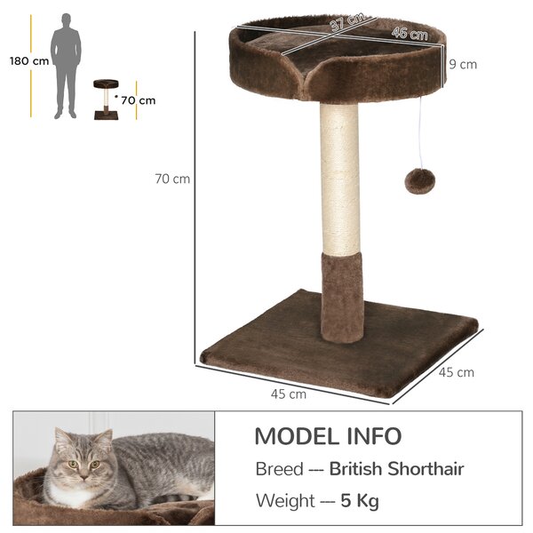 PawHut Compact Cat Tree, Sisal Scratching Post, Soft Bed, Play Toy, for Kittens, Brown, 45x45x70 cm Aosom UK